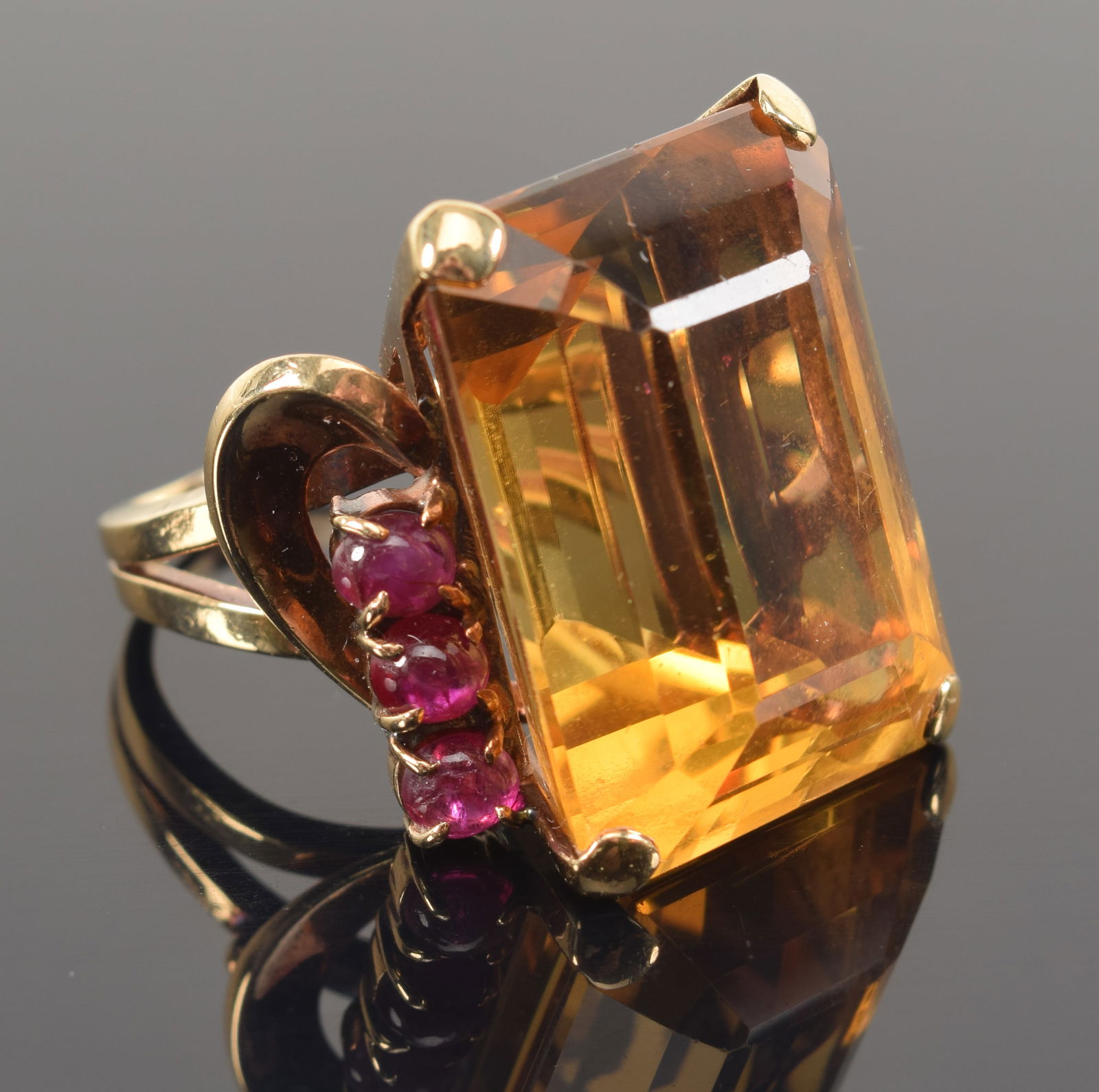 14K gold large citrine and ruby cocktail ring. Rectangular faceted citrine stone measuring 22.5 x (1 of 8)