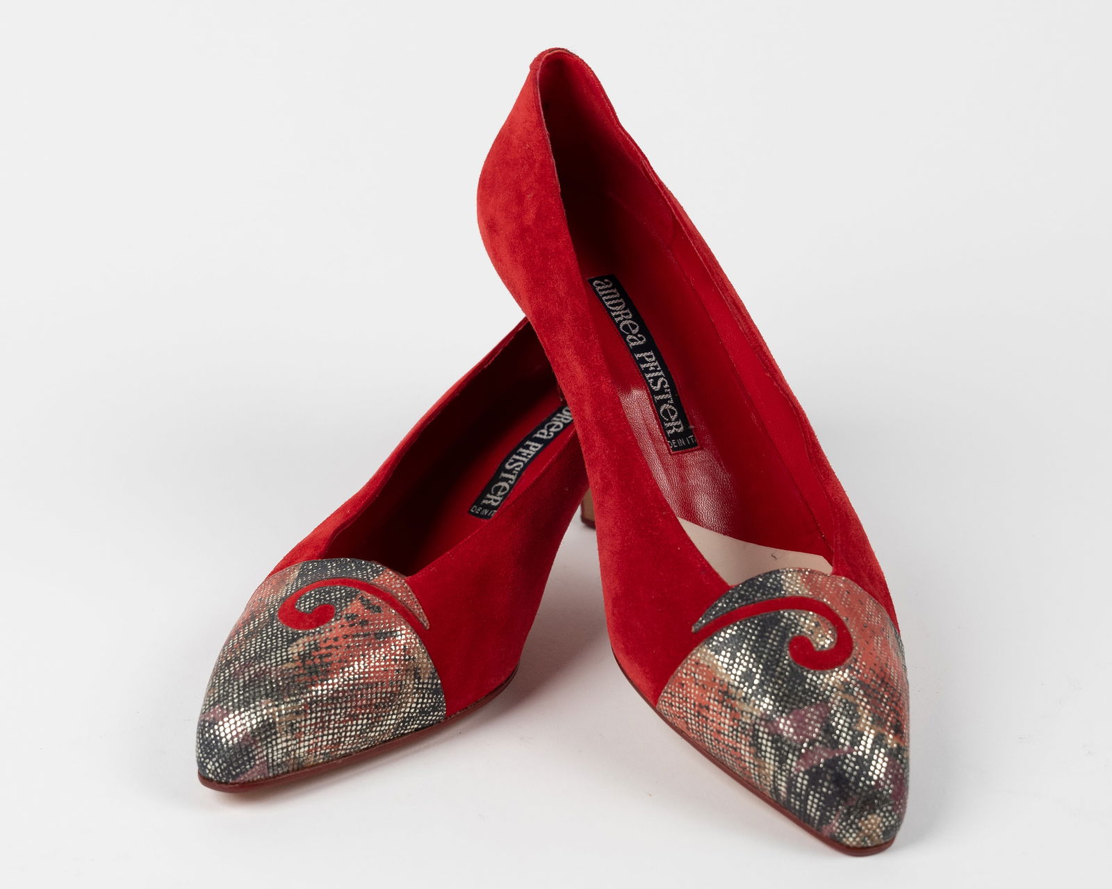 Vintage Andrea Pfister red suede decorated pumps. The toes and heels each matching with painted (1 of 9)
