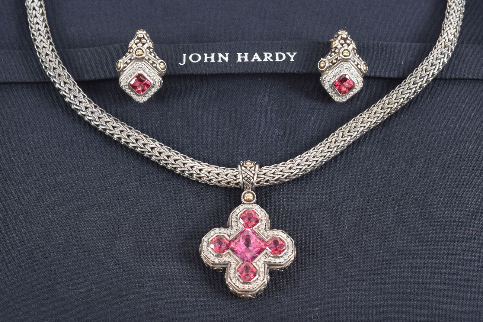 John Hardy 18K gold and sterling silver pink sapphire jewelry suite. Quatrefoil form pendant set (1 of 8)
