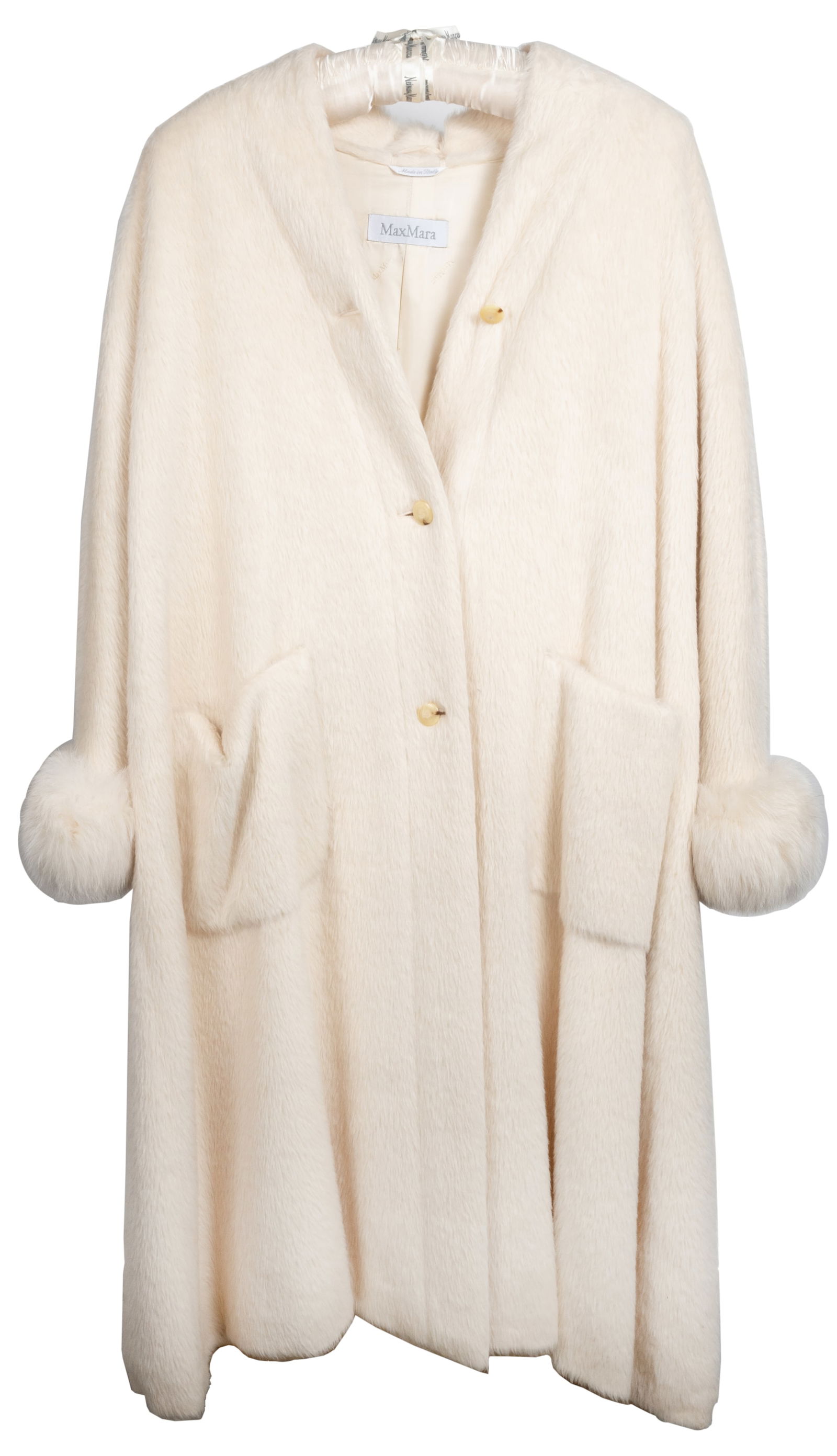 Max Mara Alpaca full length coat in ivory color. Two exterior pockets. Fur cuffs. Three buttons (one: Max Mara Alpaca full length coat in ivory color. Two exterior pockets. Fur cuffs. Three buttons (one loose). Approx size 12-14. Lined with Max Mara printed lining. Lightly if ever worn condition.
