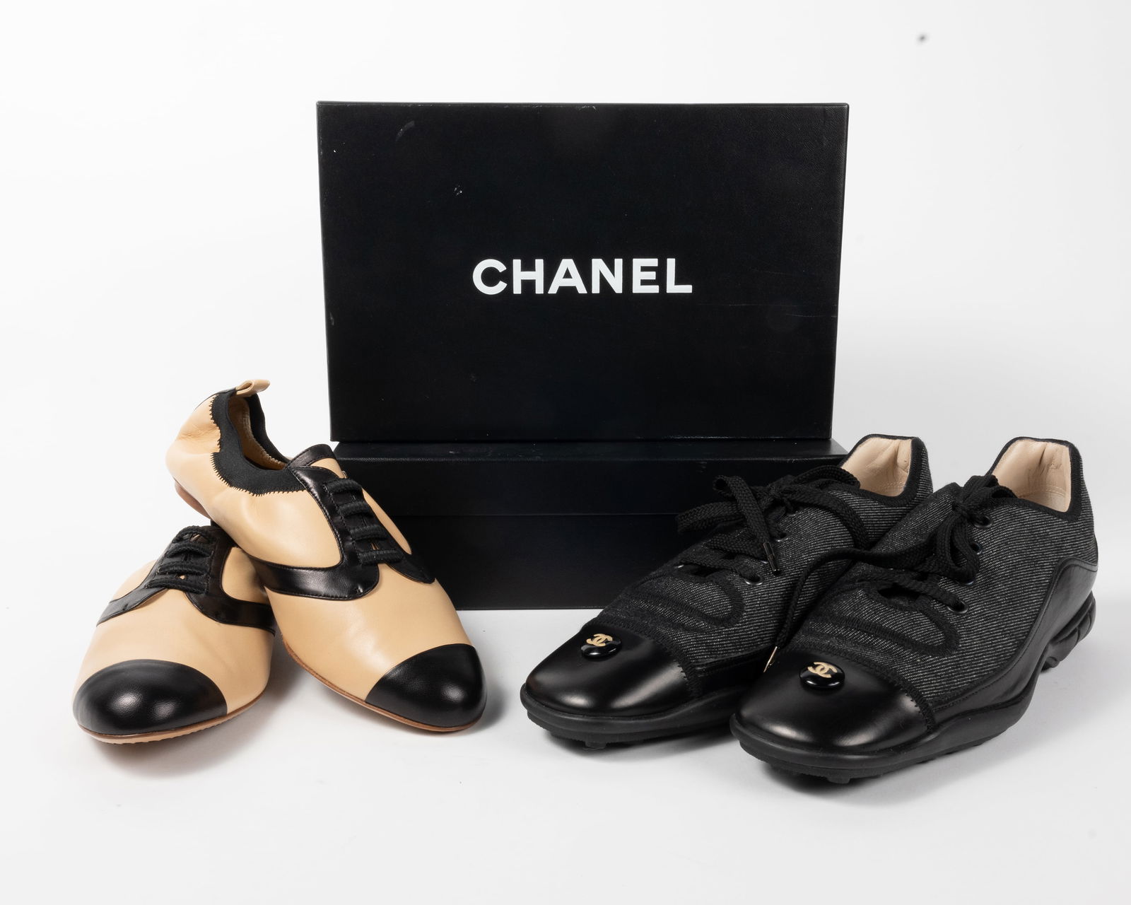 Two pairs Chanel shoes. (1) Chanel Classic sneaker in black tweed with patent leather toes and logo. (1 of 14)