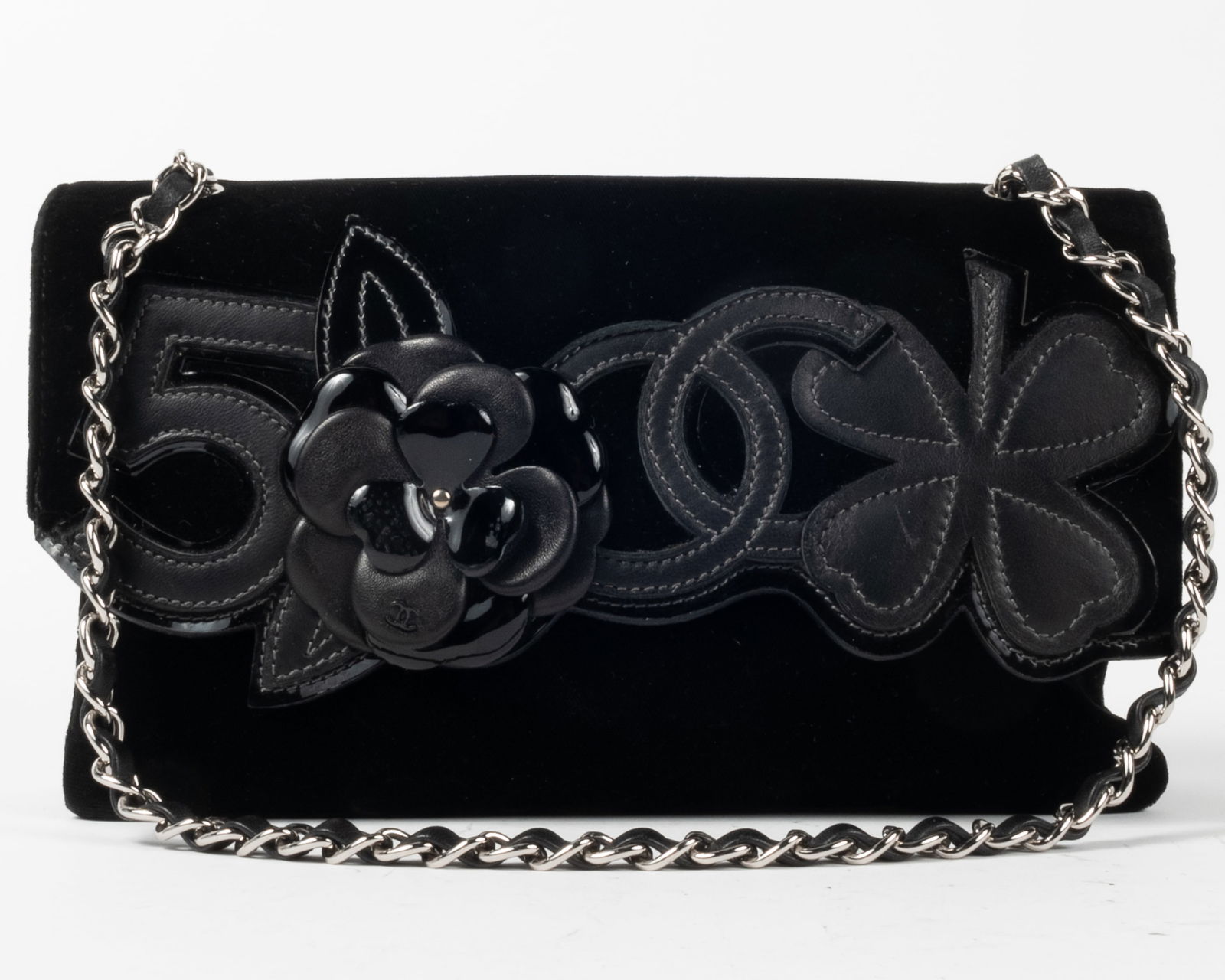 Chanel Precious Symbols Black velvet purse with silver chain strap. Decorated with Iconic symbols on (1 of 11)