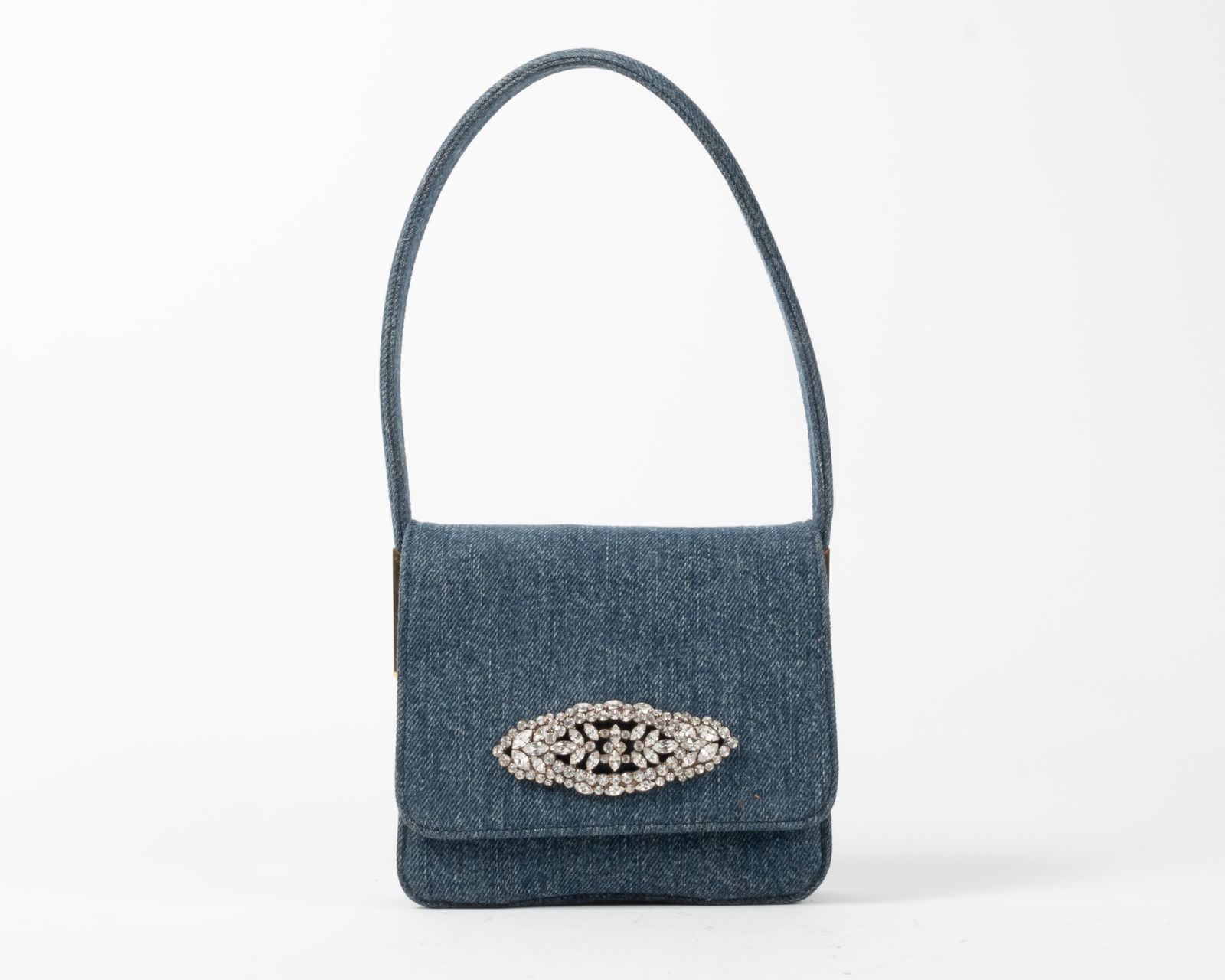 Dolce and Gabbana small denim purse with large applied rhinestone feature. Fixed denim handle.: Dolce and Gabbana small denim purse with large applied rhinestone feature. Fixed denim handle. Fabric animal print lined double compartment. Metal ends on both straps with DOLCE & GABBANA stamp marks.