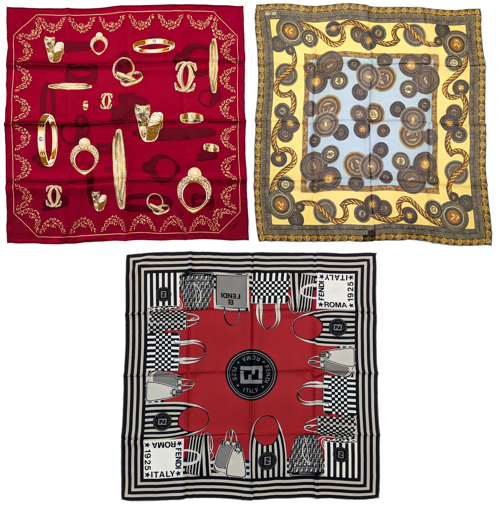 Three silk scarves. Two Fendi and one Cartier. (1 )Fendi. 33" x 34". Blues, Gold, maroon and black. (1 of 7)