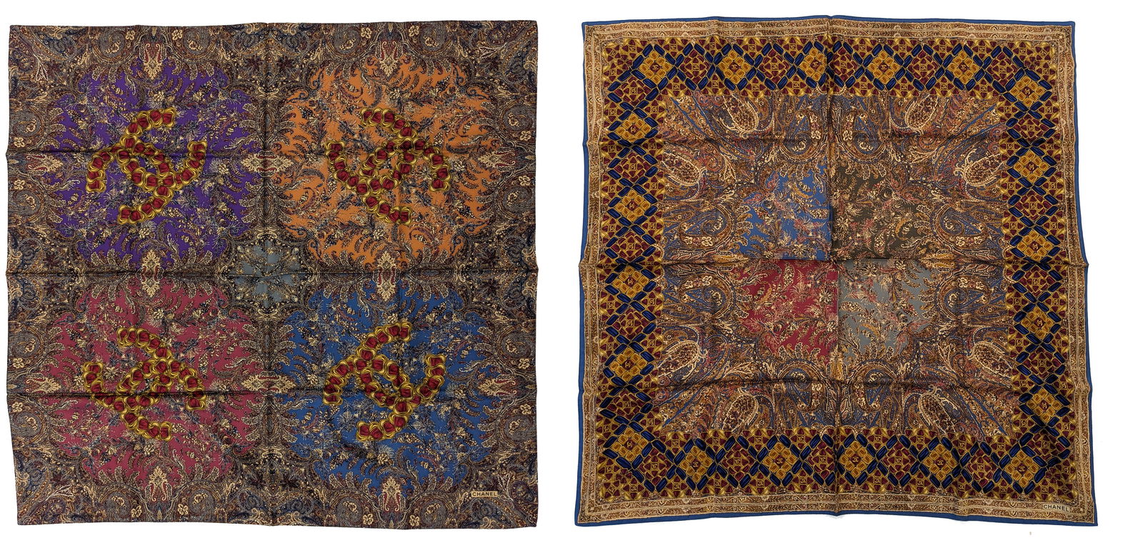 Two large Chanel silk scarves. (1) 38" square. One sided. Silk with wool backing. Paisley with (1 of 5)