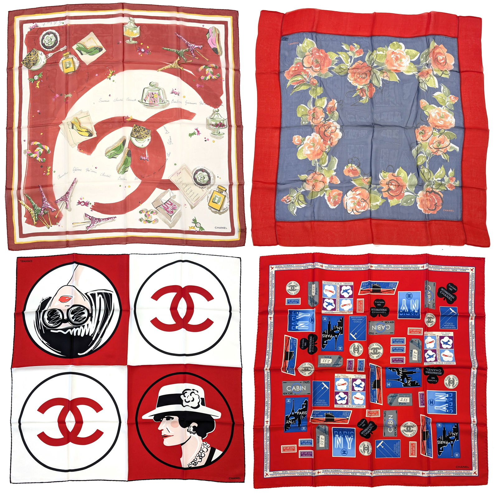 Four Chanel silk scarves. (1) 34" square. New York/Paris travel logos. Red, black and other assorted (1 of 8)
