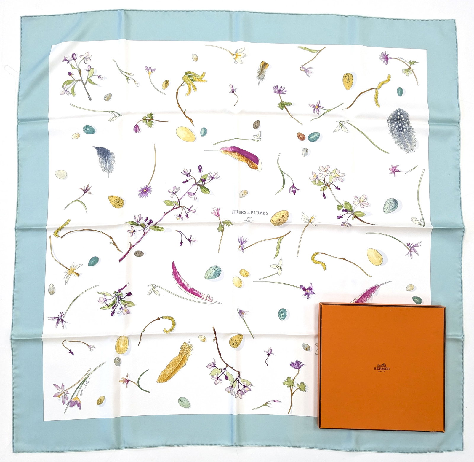 Hermes silk scarf. 35" square in original Hermes box, Fleurs et Plumes. Never worn condition. (1 of 3)