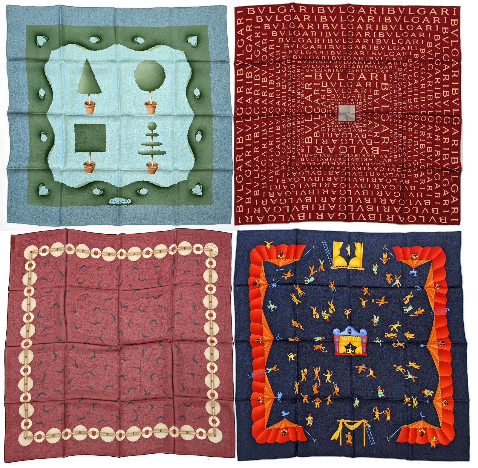 Four Bulgari silk scarves. (1) 34" square. One sided. Deep red with blue boomerang design and gold (1 of 10)