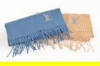 Two large Louis Vuitton scarves. (1) 60" x 15". Cashmere. (1) Steel blue with LV monogram. (2) Beige