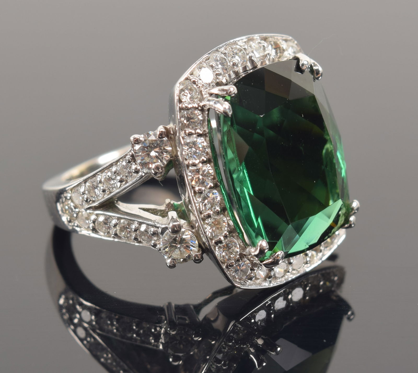 18K white gold green spinel and diamond ring. Large faceted rectangular green spinel measuring 11.9 (1 of 7)