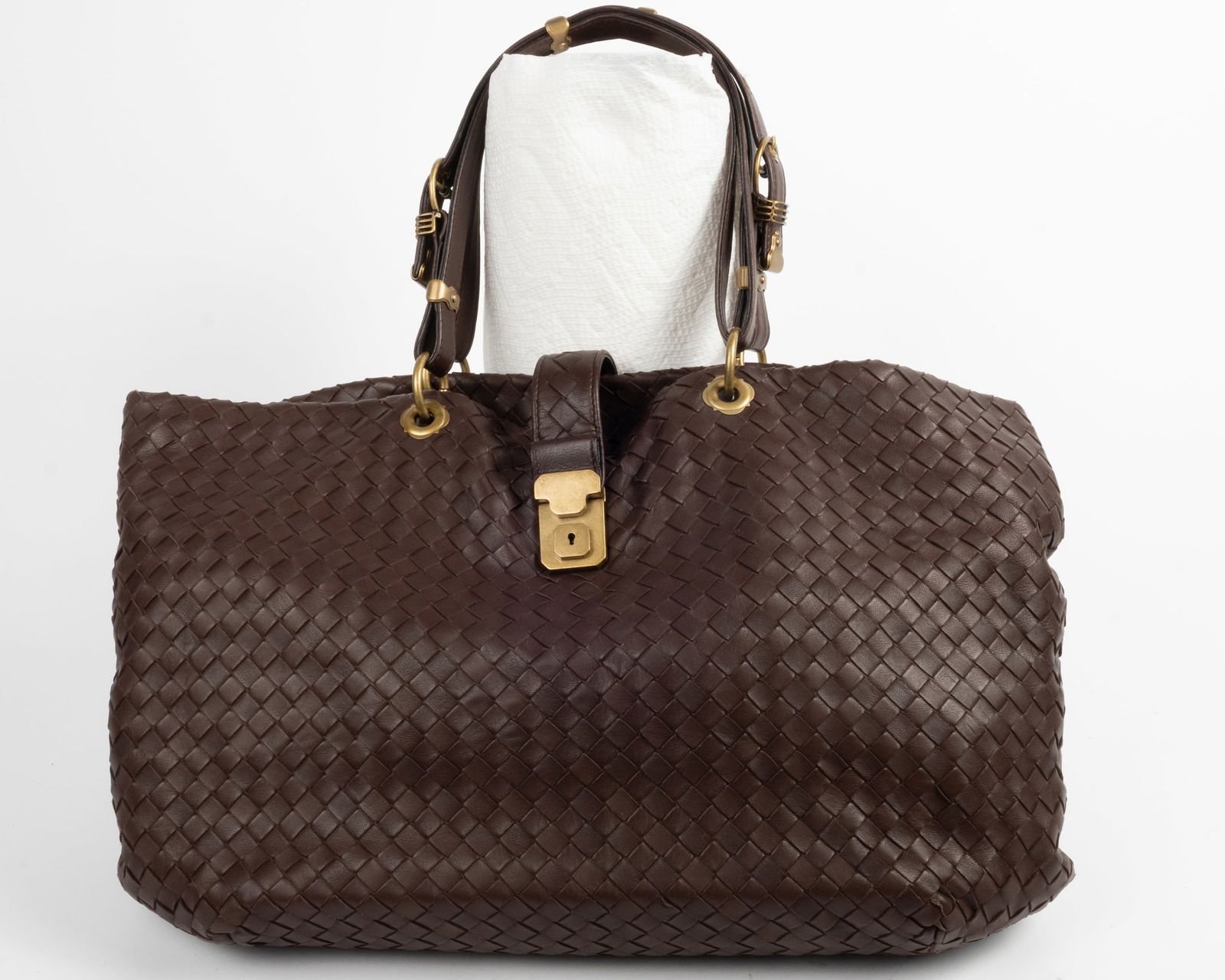 Bottega Veneta basket weave intreacciato leather handbag in chocolate brown. With adjustable strap (1 of 6)
