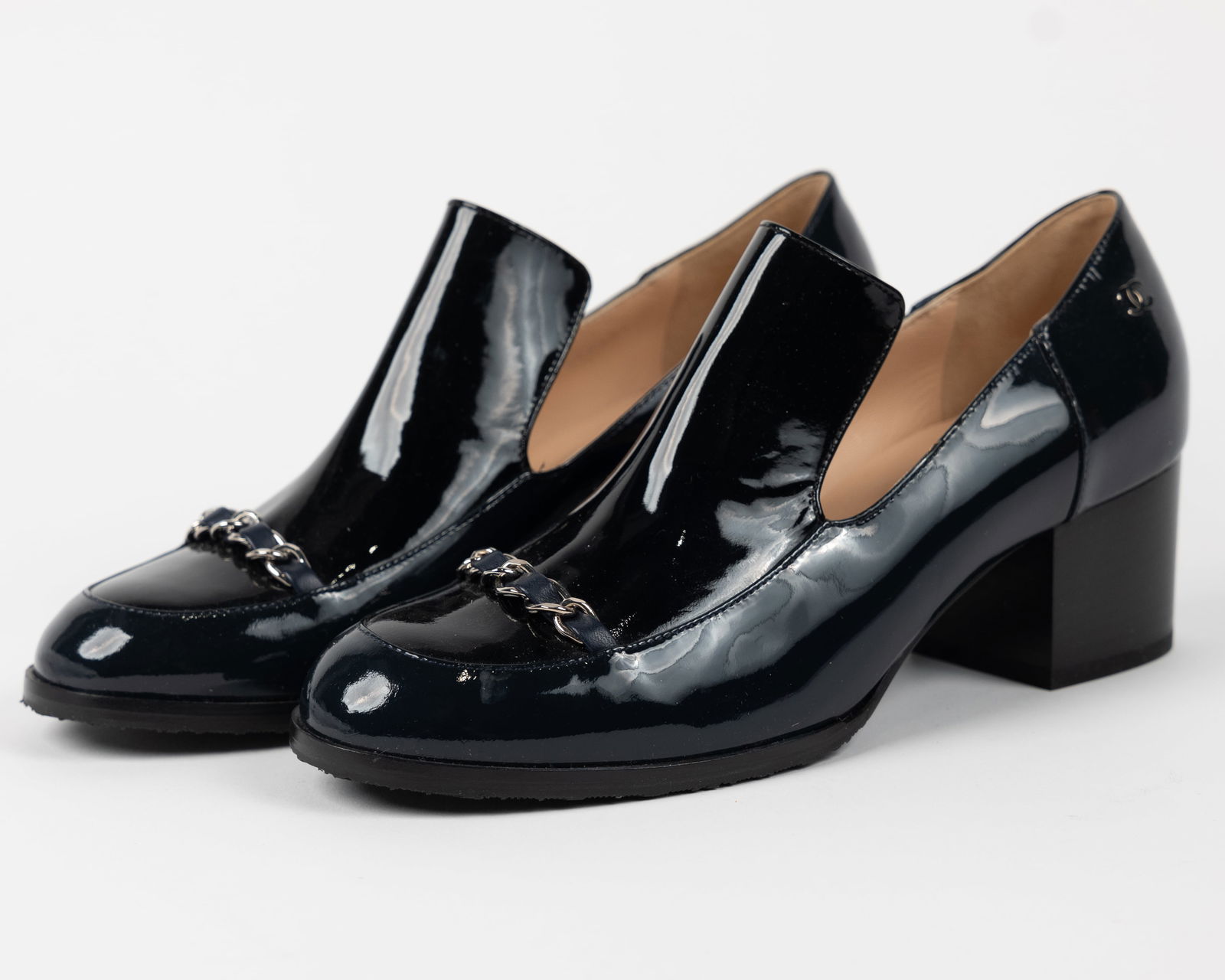 Chanel classic black patent leather heeled loafers. Chain across toe. 2" block heel. Never worn (1 of 9)