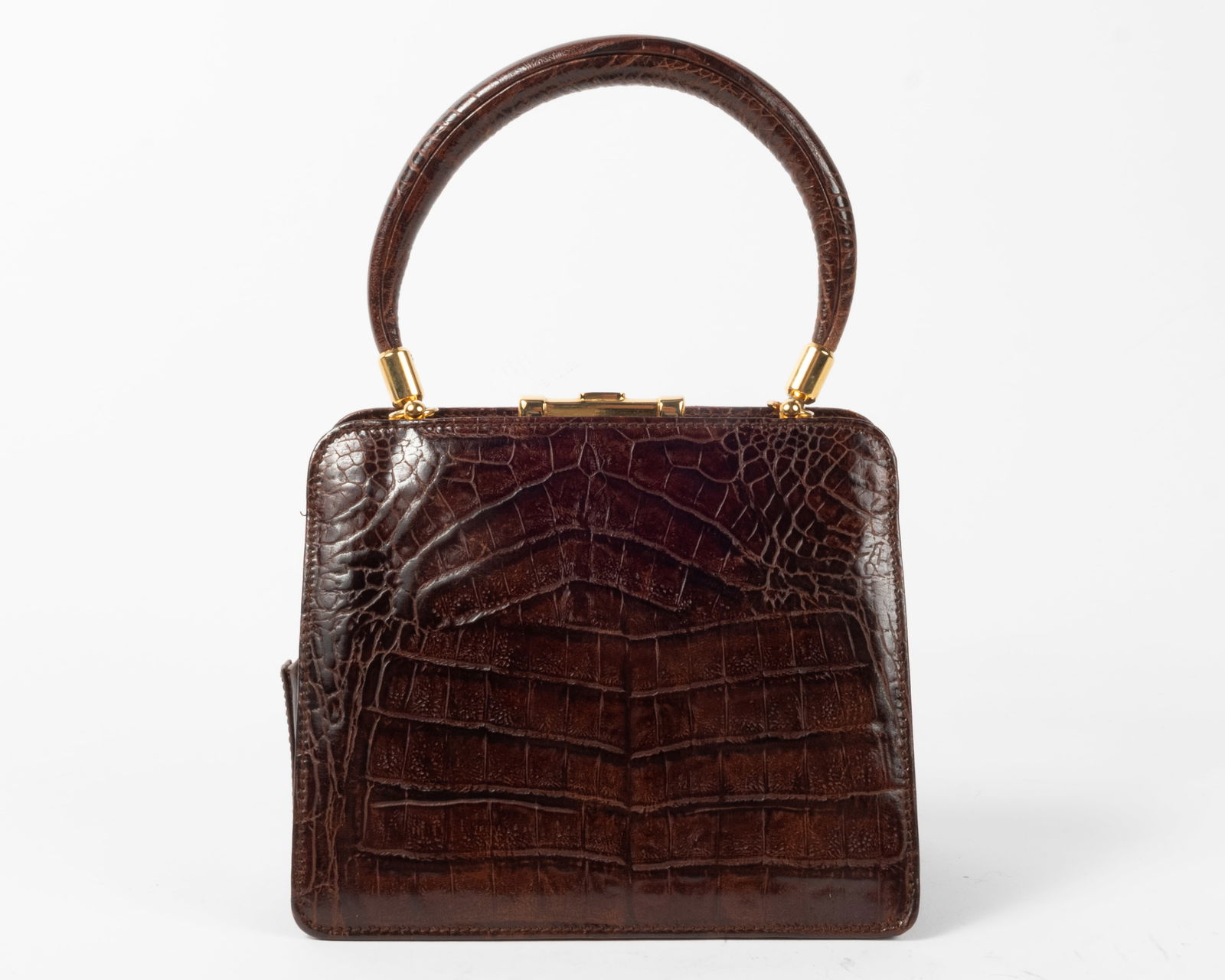 Valentino Garavani small brown crocodile leather purse. Gold metal trim. With small attached handle. (1 of 10)