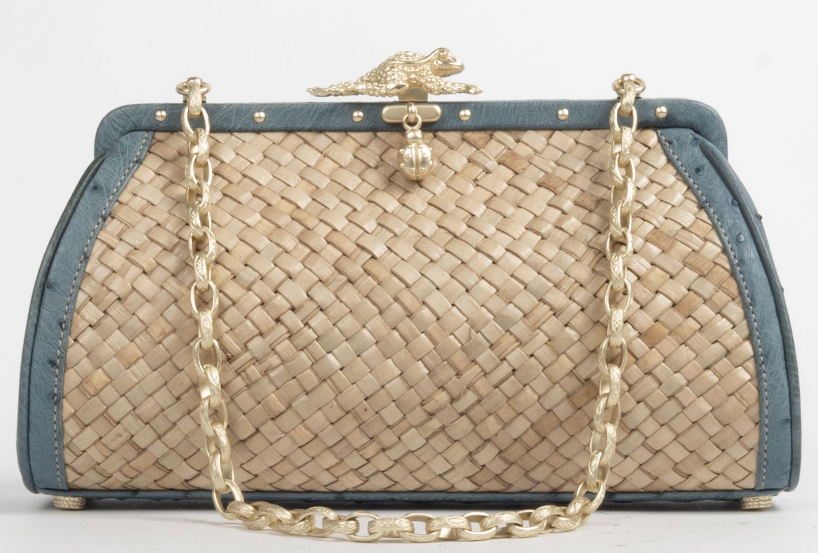 Barry Kieselstein-Cord small basket weave rattan with slate blue ostrich leather trim handbag. Ivory (1 of 8)