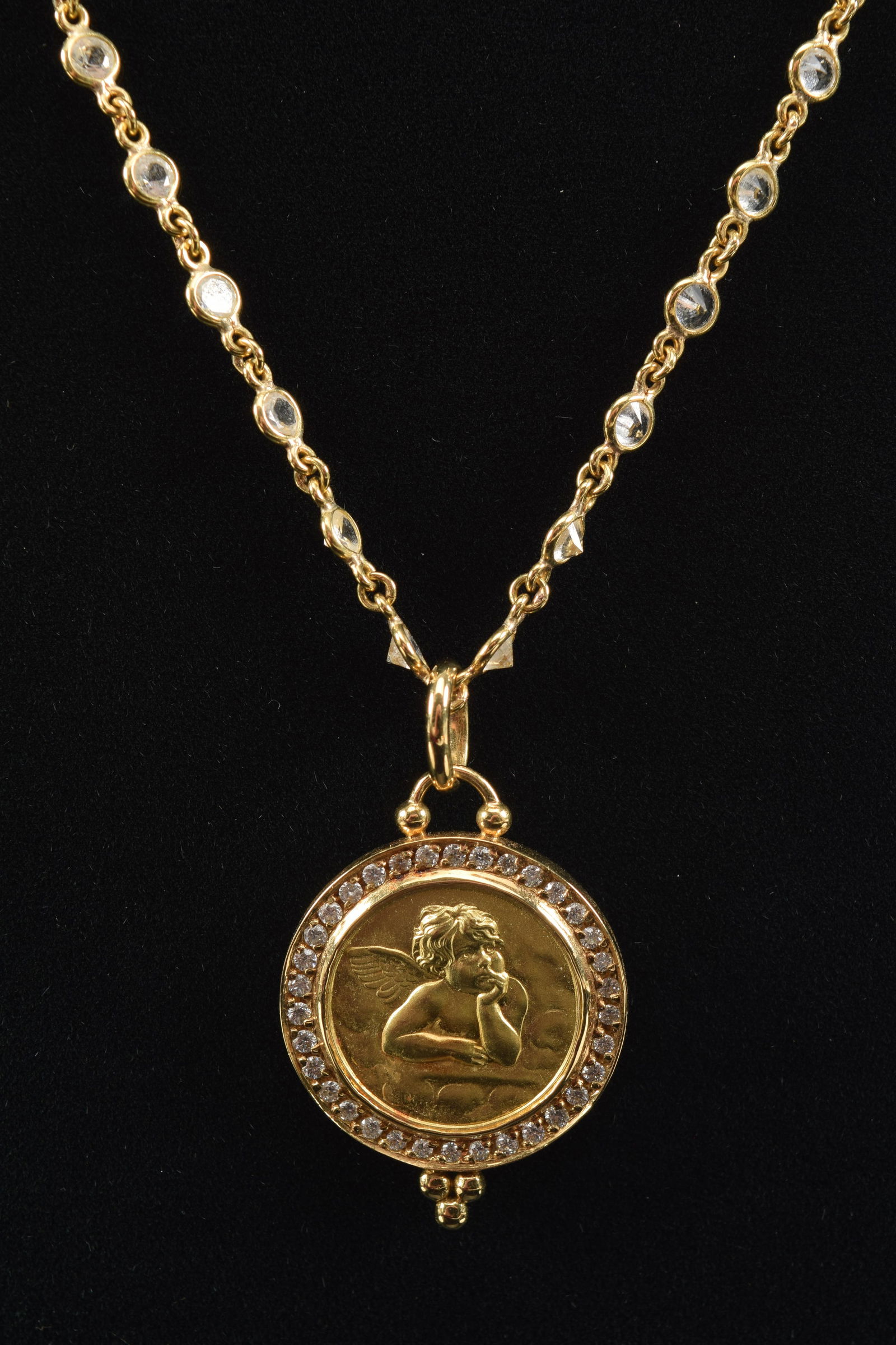 Temple St. Clair 18K gold diamond pendant necklace. Pendant with shallow relief design of a cherub (1 of 8)