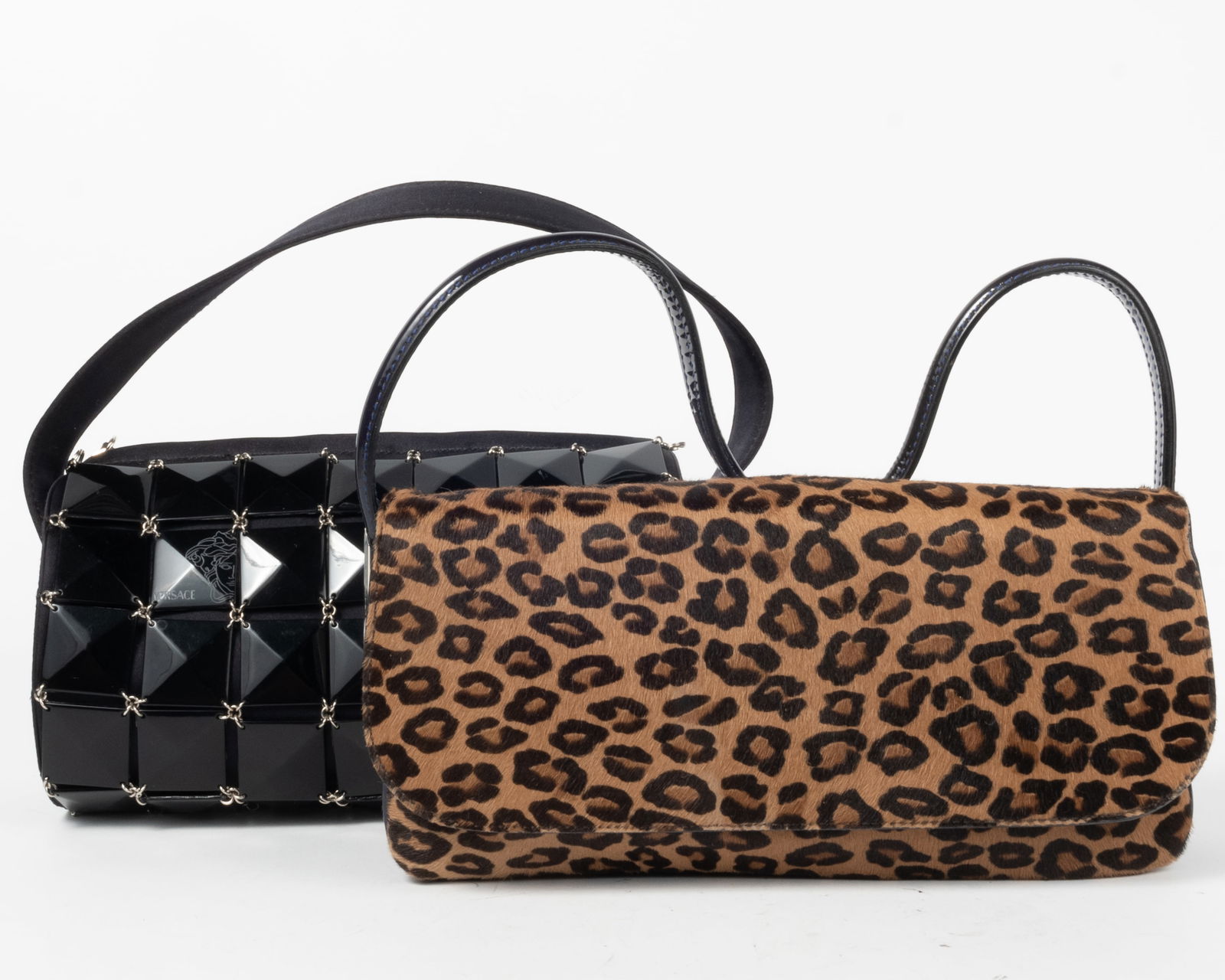 Gianni Versace black tile embellished evening bag. Attached satin handle and satin sides. Cloth (1 of 4)