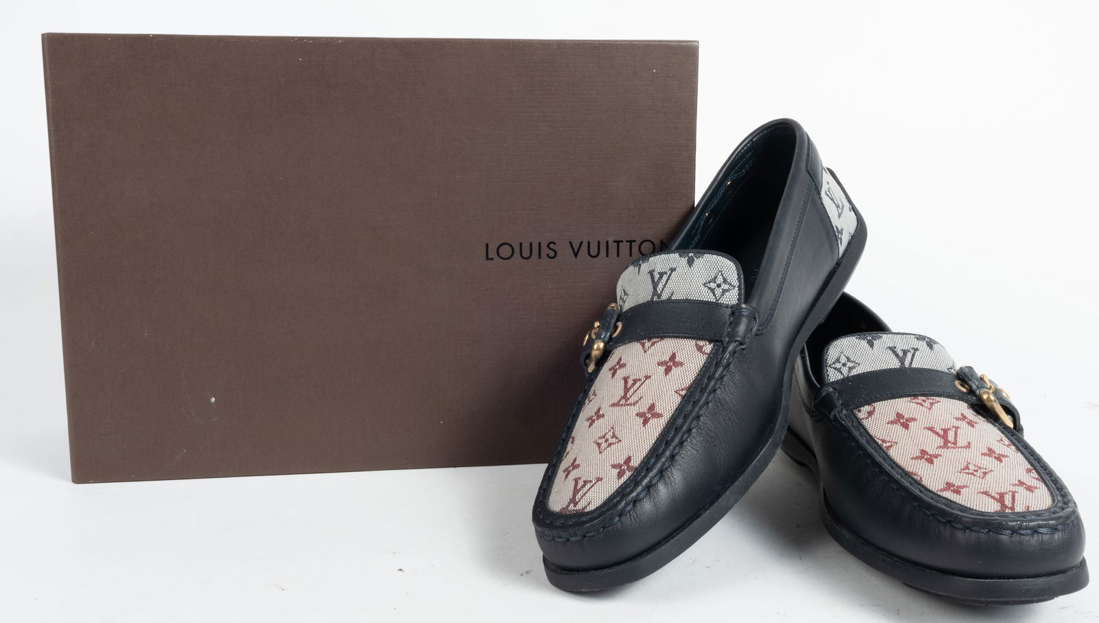 Louis Vuitton monogram Mini Lin Cherise flat driving loafers. Black leather with canvas. Gold metal (1 of 7)