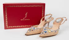 Rene Caovilla beaded halter back pumps. With original box and dust bag. Beige with embellished
