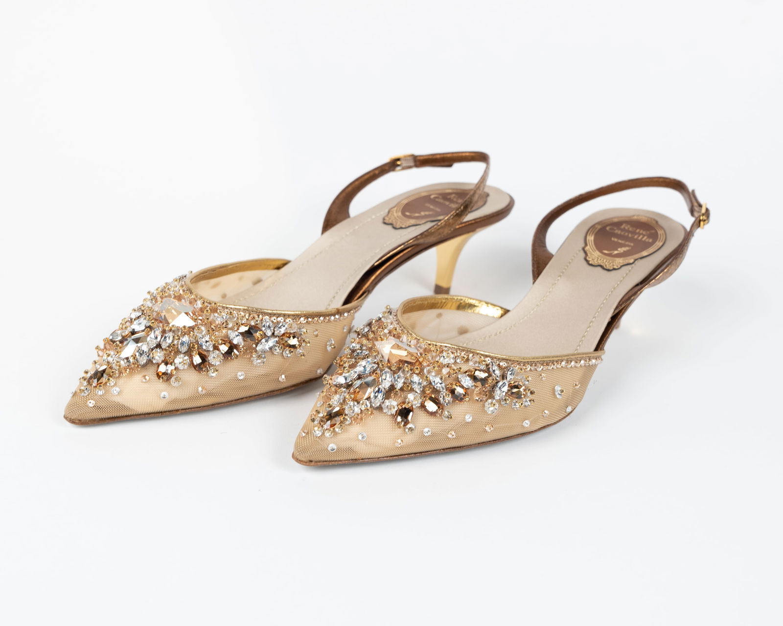 Rene Caovilla Rhinestone embellished sling back pumps. Gold with gold stones. With original box and (1 of 9)
