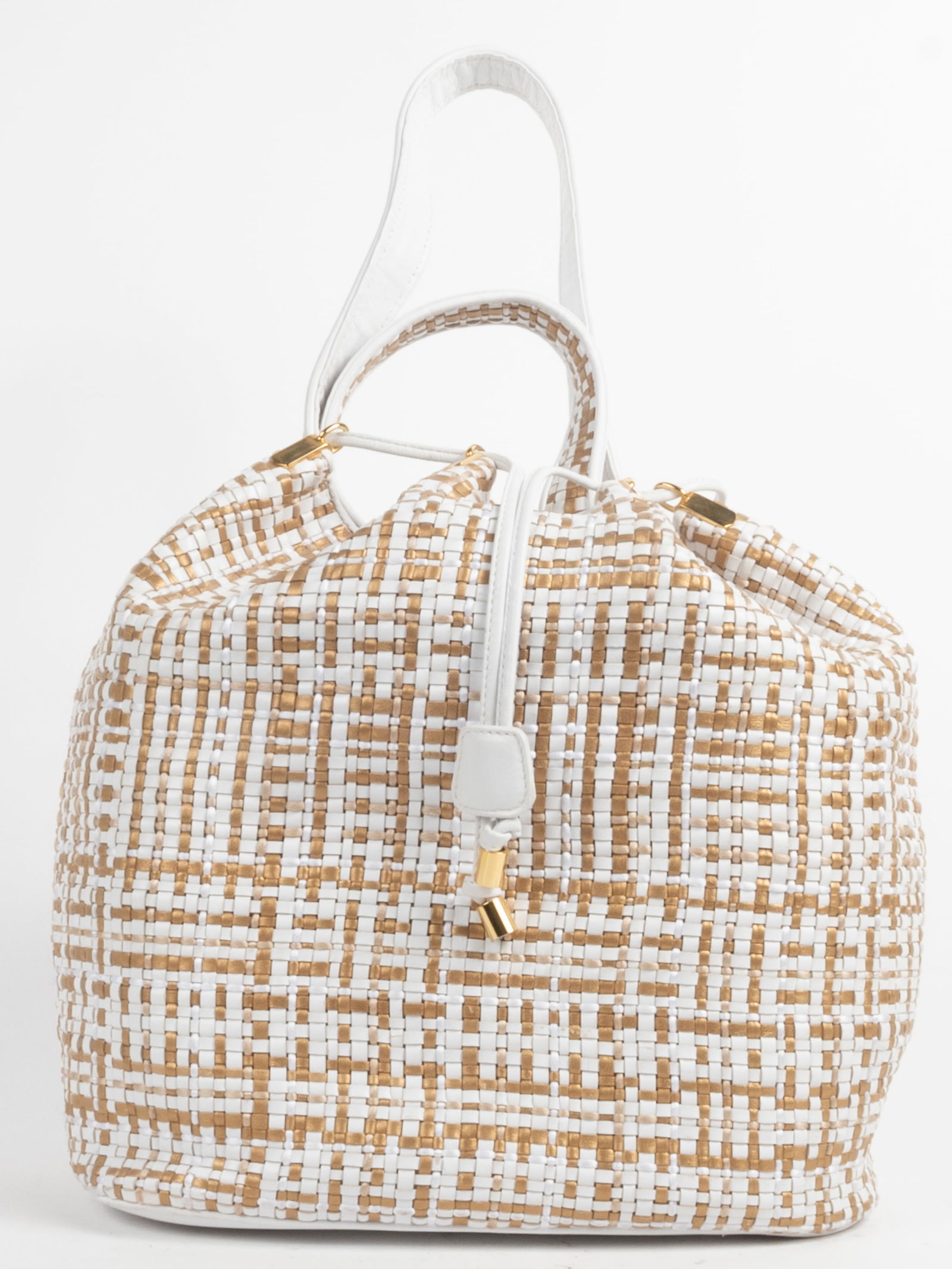 Large Valentino Garavani woven drawstring bucket bag in white with camel. Genuine leather with silk (1 of 6)