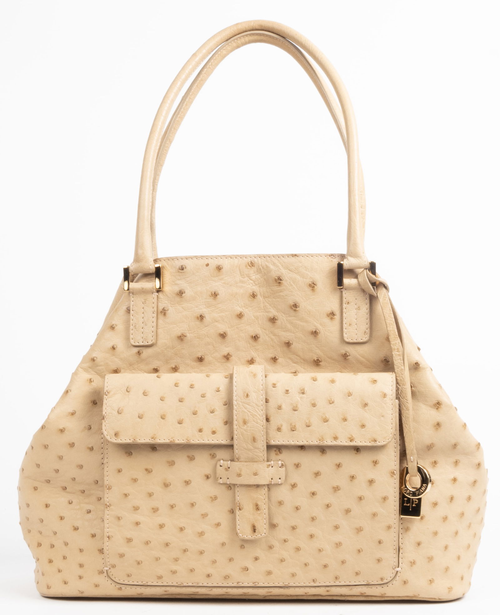 Loro Piana ostrich handbag in light camel color. Double handled. Exterior pocket with flap and one (1 of 6)