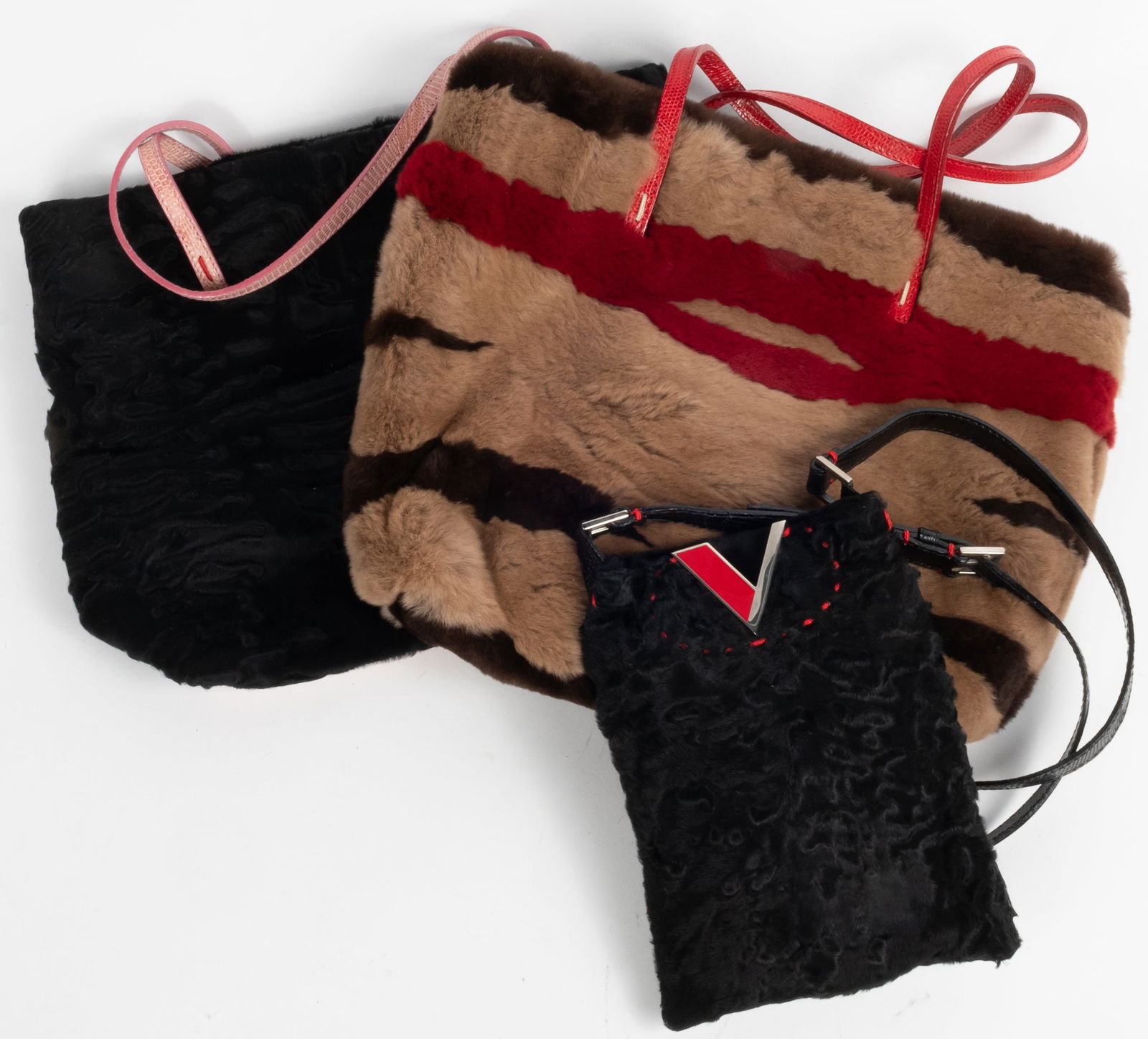 Three Valentino Garavani fur handbags. (1) Black fur bag with snakeskin style adjustable strap. (1 of 12)