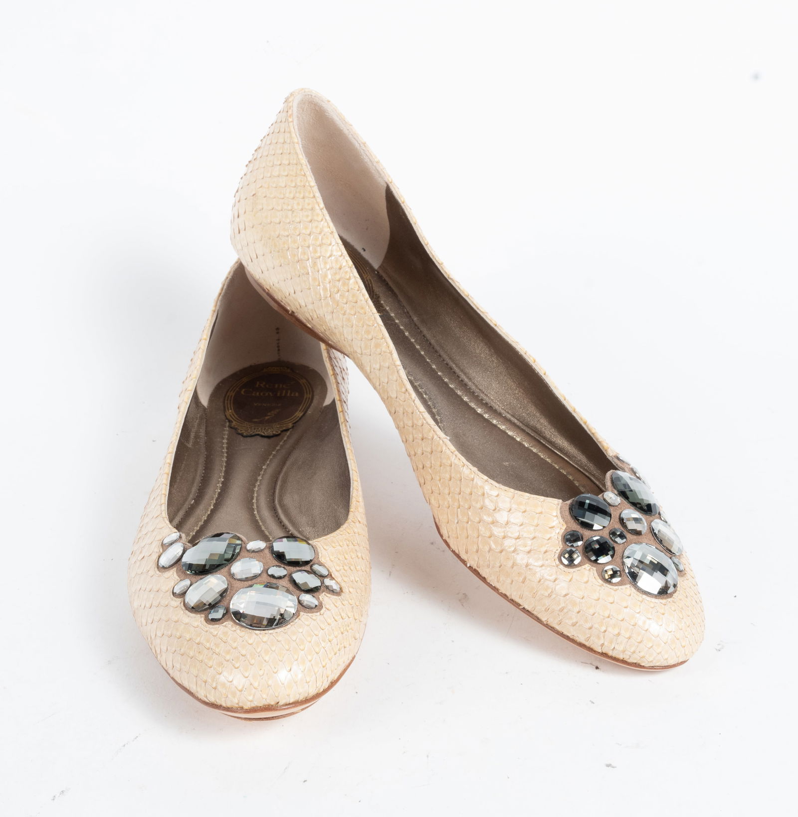 Rene Caovilla snakeskin flats with rhinestone embellishments. Light beige tone. With original paper (1 of 5)