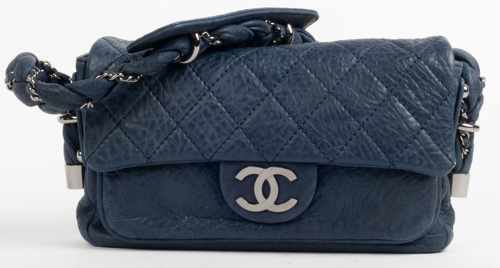 Chanel quilted leather double flap shoulder bag in slate blue. Metal CC logo clasp on front. Braided (1 of 9)
