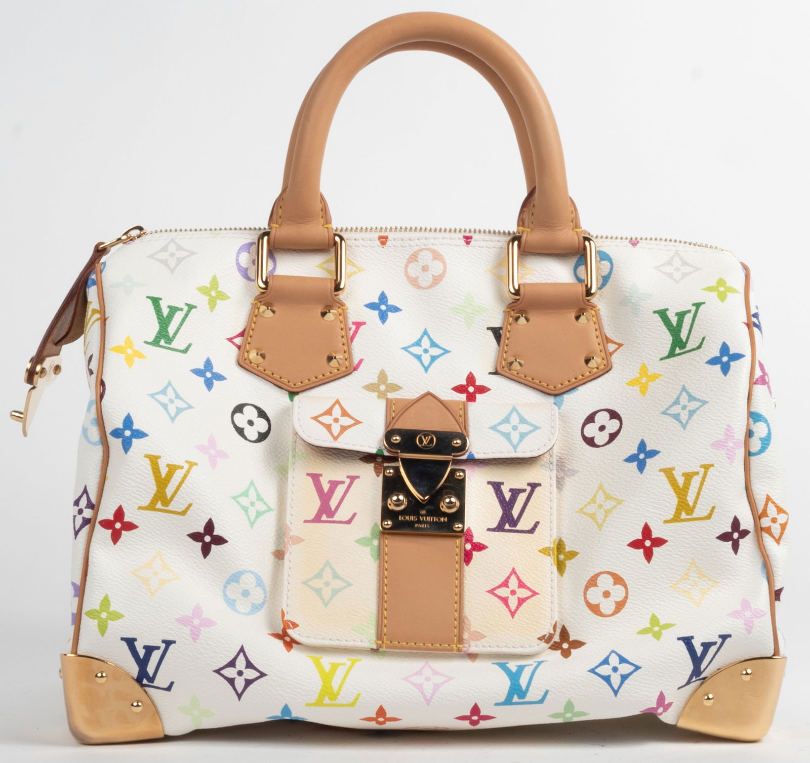 Louis Vuitton white multi-colored Speedy handbag. White leather ground with multicolored LV logo (1 of 6)