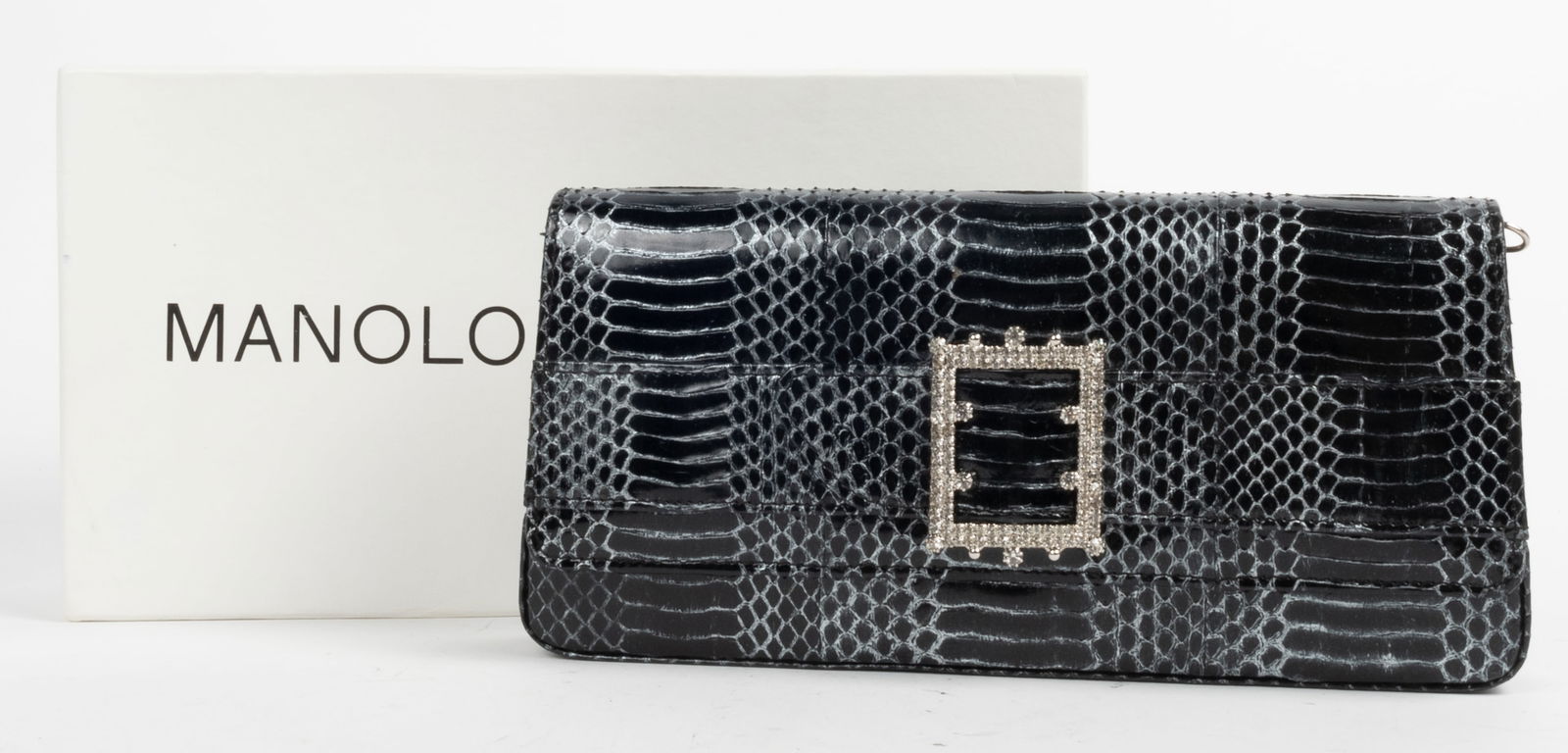 Manolo Blahnik Python jeweled clutch purse with detachable strap. One interior pocket. 9-1/2" wide. (1 of 11)