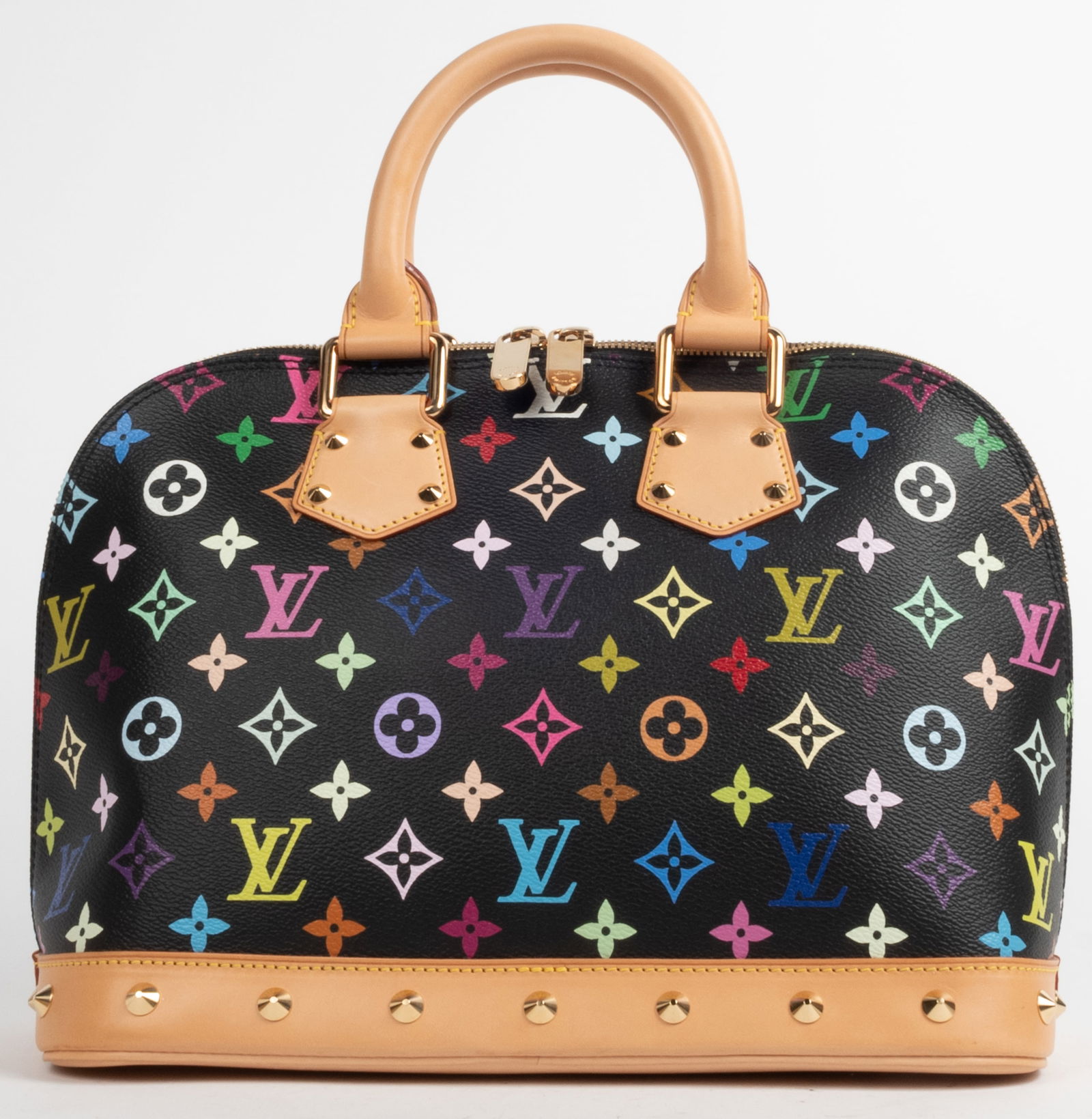 Louis Vuitton Alma multicolor handbag. Black leather ground with multi color monogram pattern. Brass (1 of 6)