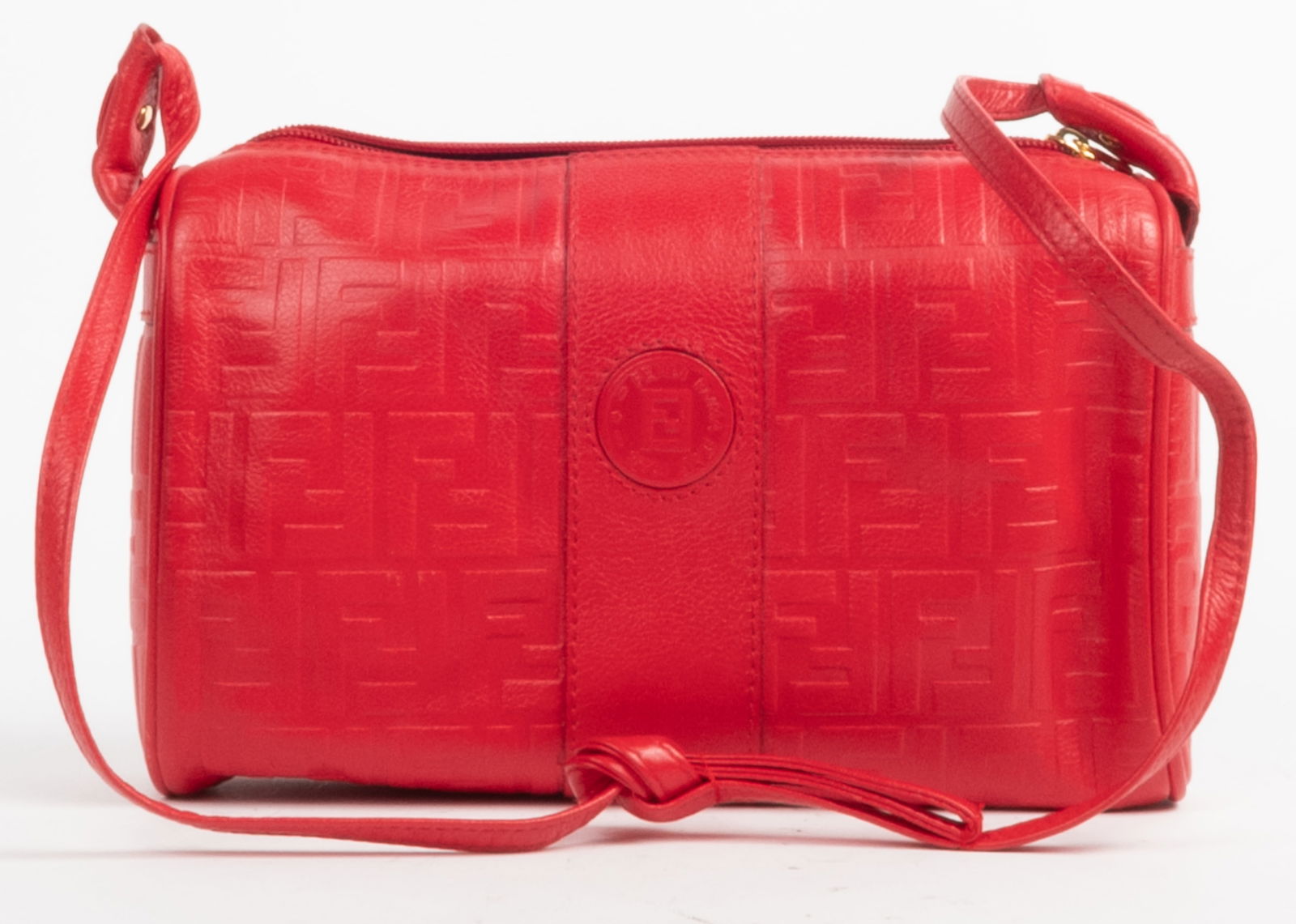 Fendi Roma cherry red leather bag with long skinny leather strap. All over embossed Fendi logo with (1 of 6)