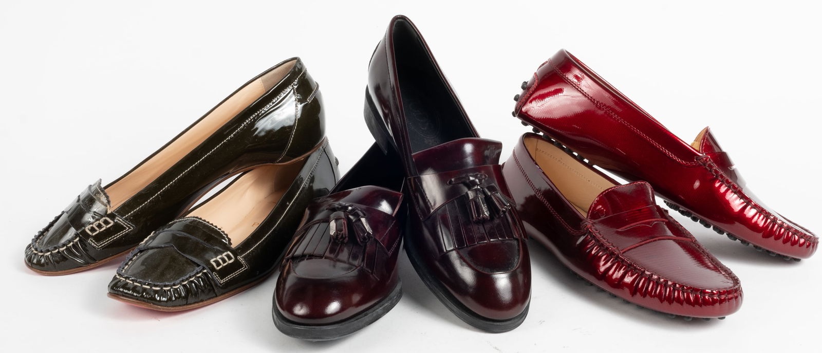 Three pairs patent leather loafers. (1) Tod's Gommino red patent leather driving loafers. New (1 of 11)