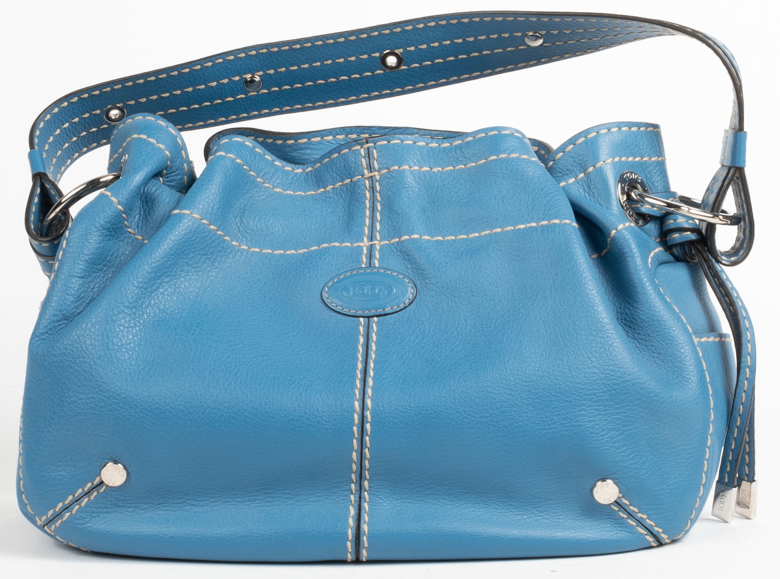Tod's leather hand bag in blue color. One interior zippered pocket. Two outside open pouches on (1 of 5)