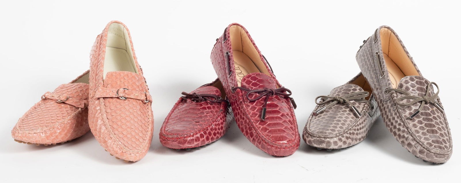 Three pairs Tod's Python snake skin leather driving shoes. (1) Pale pink with strap buckle (size (1 of 13)