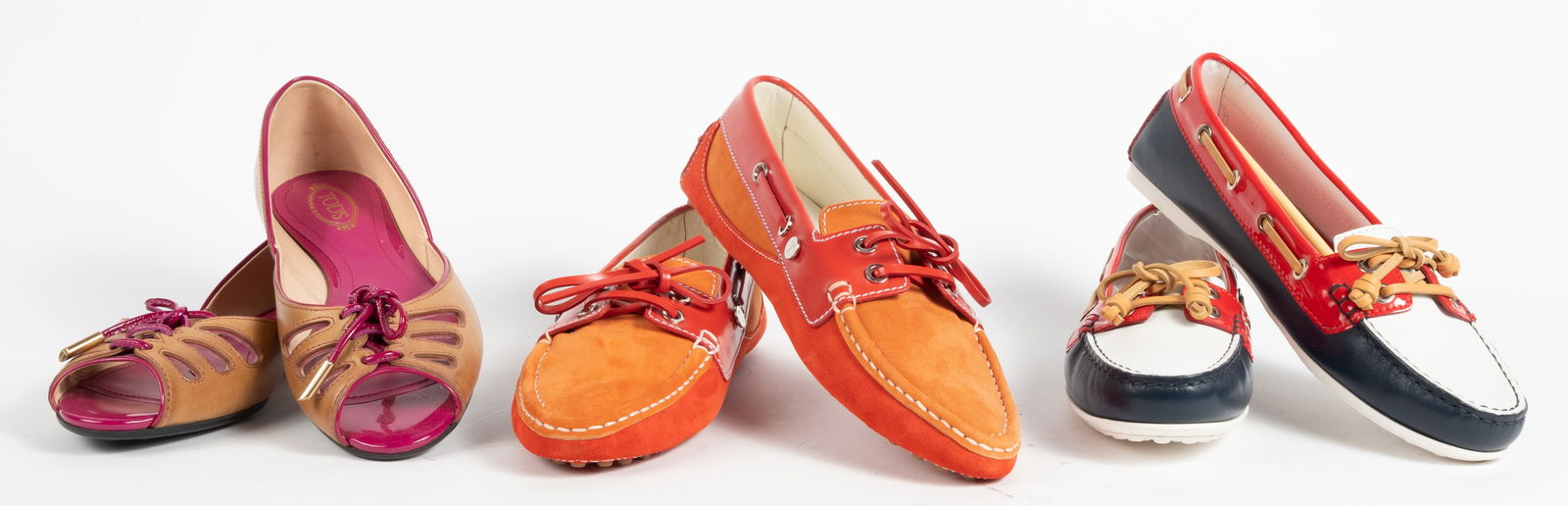 Three pairs Tod's shoes. (1) Open toe camel with fuscia shoes (size 38). (2) Driving shoes , orange (1 of 13)