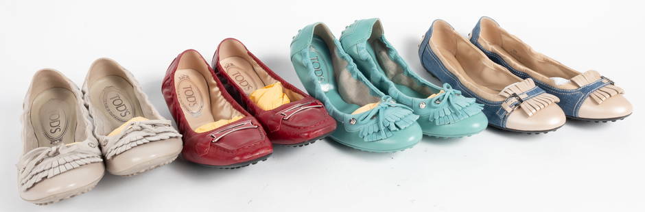 Four pairs Tod's Miu Miu ballet flats. (1-2) Taupe and Turquoise both size 8-1/2). Never worn: Four pairs Tod's Miu Miu ballet flats. (1-2) Taupe and Turquoise both size 8-1/2). Never worn condition. (3) Denim taupe (size 38) with very minor scuff. (4) Deep red with buckle (size 38?) with minor