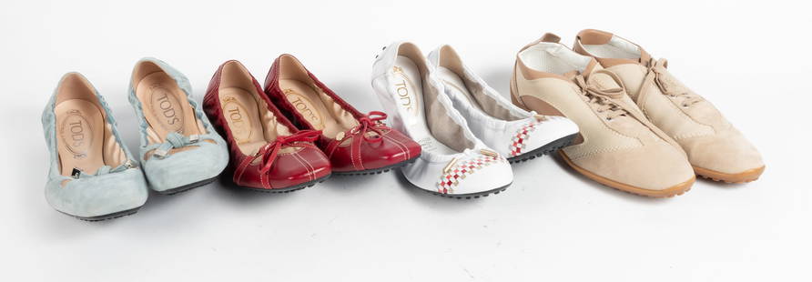 Four pairs Tod's Miu Miu and suede athletic lace up shoes. (1) Turquoise suede (size 38?). (2) White: Four pairs Tod's Miu Miu and suede athletic lace up shoes. (1) Turquoise suede (size 38?). (2) White with multi color gimp detail (size 8-1/2).(3) Deep red with logo (size 38?). (4) Athletic suede lac