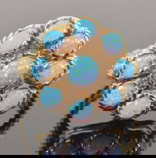 14K gold opal vintage ring. Larger central round opal surrounded by small round stones. Marked 14K.: 14K gold opal vintage ring. Larger central round opal surrounded by small round stones. Marked 14K. Ring size 7. 5 grams.