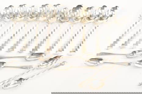 16 Early British silver spoons, including nine table spoons and seven teaspoons by various makers,: 16 Early British silver spoons, including nine table spoons and seven teaspoons by various makers, mostly 18th Century. 24.2 ozt