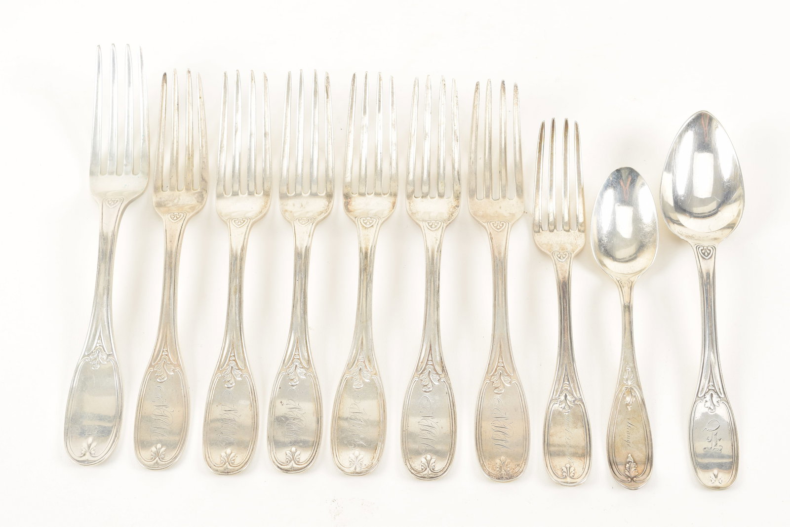 10 Coin silver Olive pattern flatware pieces, eight dinner forks and two spoons, including WHS & Co, (1 of 6)