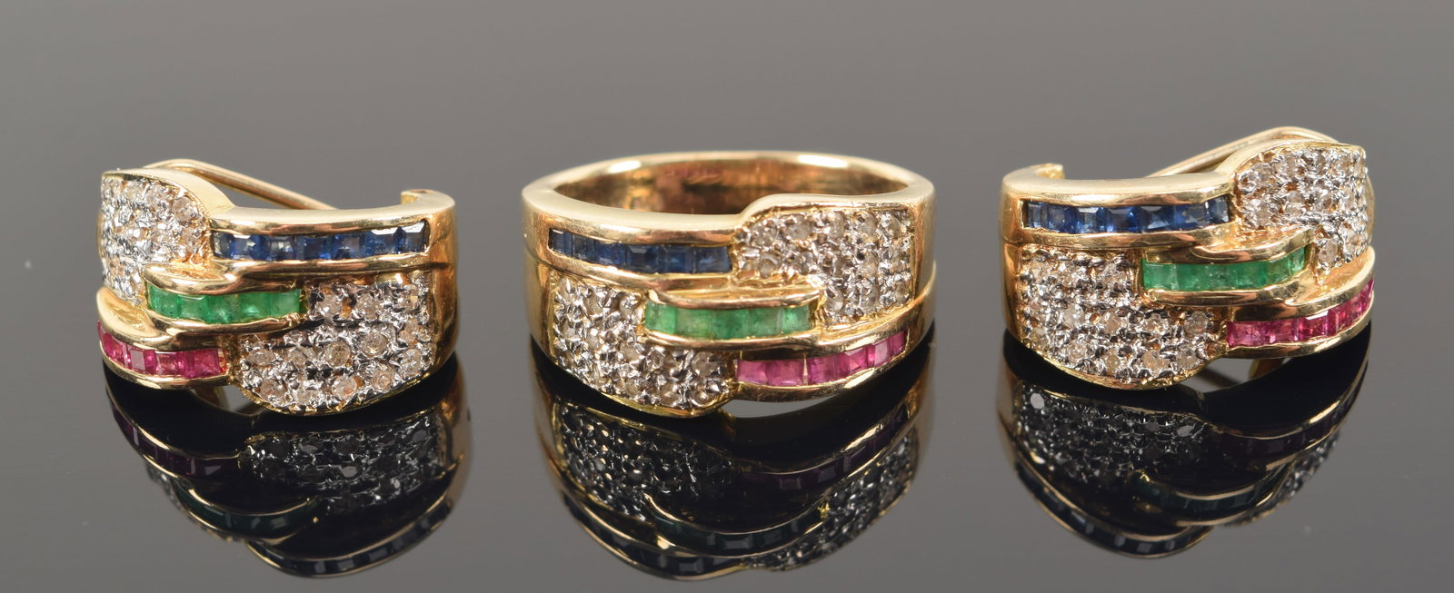 14K gold diamond, sapphire, ruby and emerald jewelry. Matching ring and pair of earrings. Stamped (1 of 4)