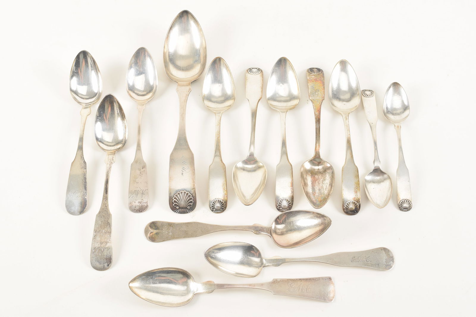 14 Coins silver spoons by various makers in assorted patterns, mostly first half on 19th Century. (1 of 5)