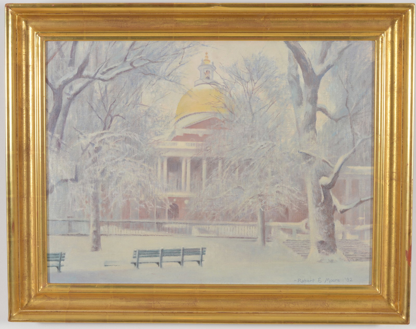 Robert E. Moore, Massachusetts 1956-2003. Massachusetts State House on snowy day. Signed and dated (1 of 7)