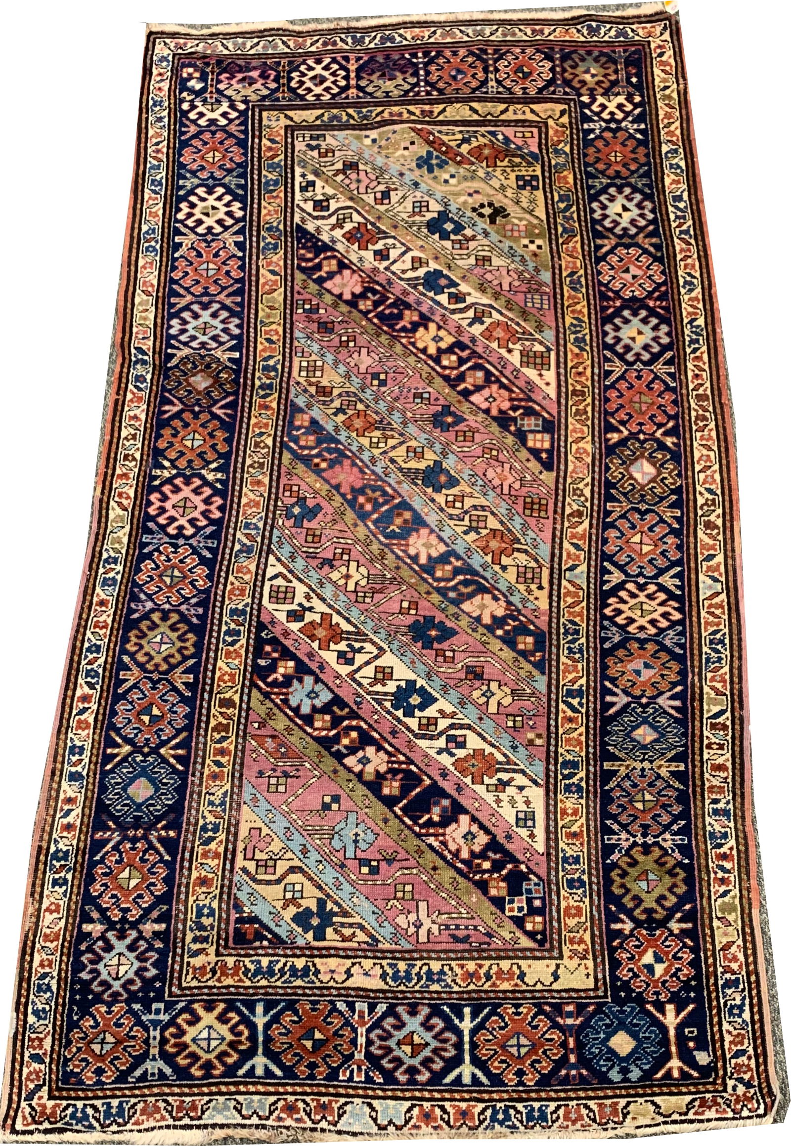 Gendje Rug, Caucasus, ca. 1900, with diagonal stripes: 7 ft. 6 in. x 3 ft. (1 of 6)