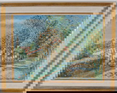 Constantin Terechkovitch. Russia/France/United States. Bright European landscape with village and: Constantin Terechkovitch. Russia/France/United States. Bright European landscape with village and travelers on road. Oil on canvas. Signed lower right. Framed. Sight: 23.5 x 32in. Overall: 33 x 42in.