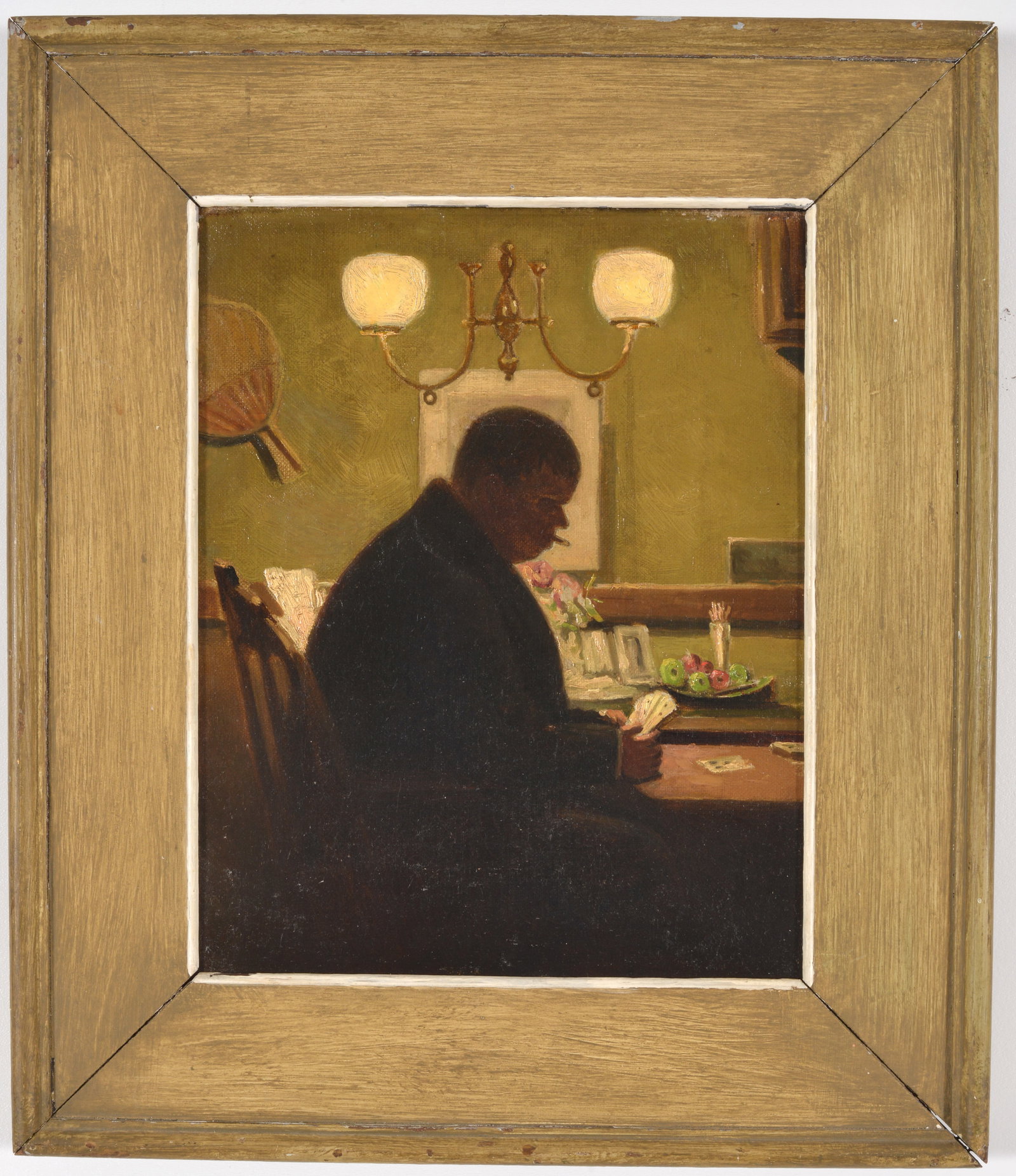 Early 20th century American school genre painting of a seated card player in an interior. Unsigned. (1 of 5)
