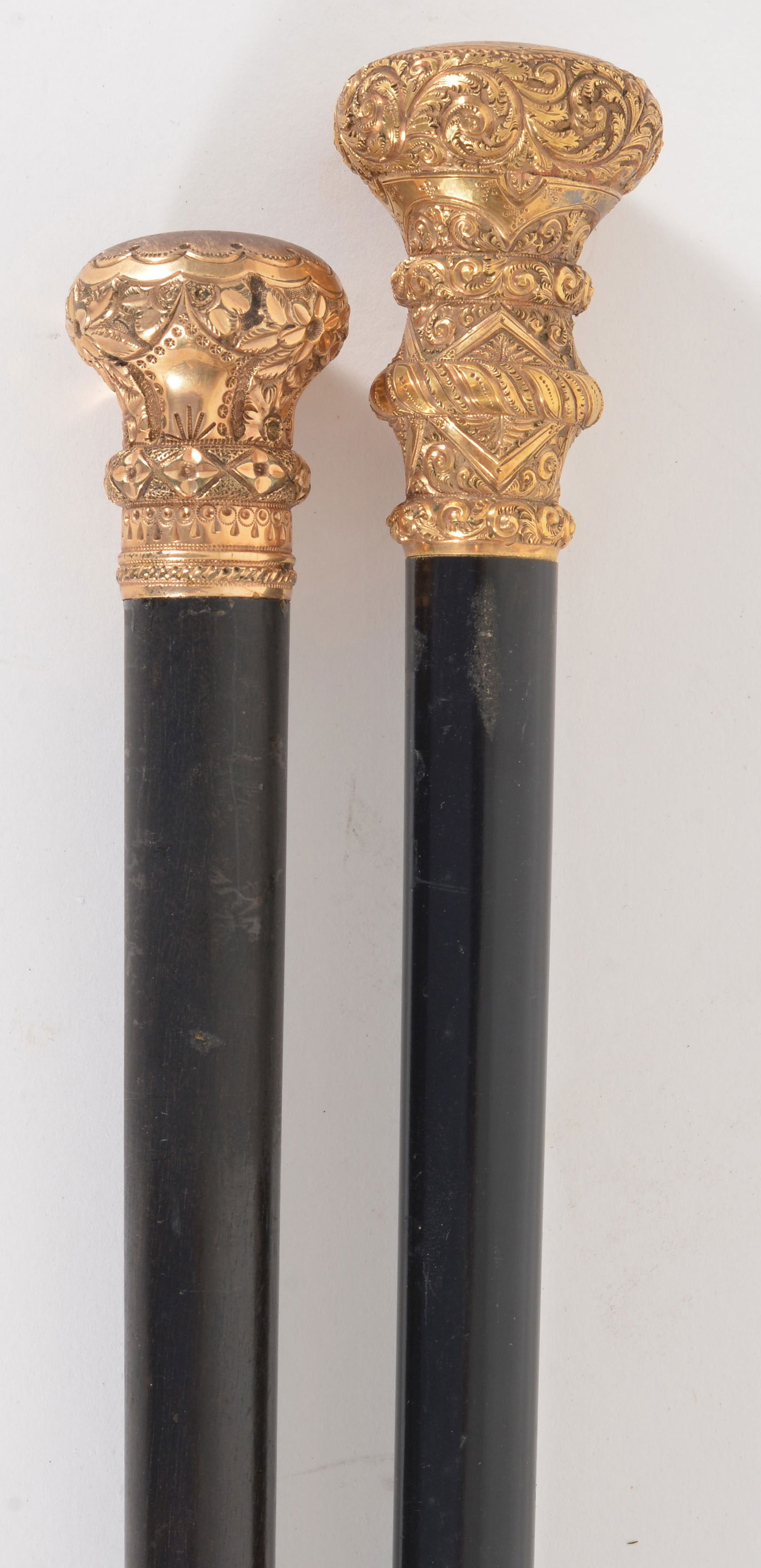 2 Victorian gold knob topped walking sticks with ebony shafts. One dated 1892 the other Thomaston (1 of 6)