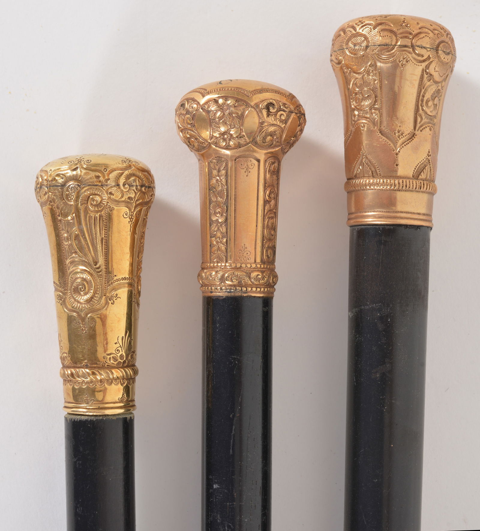 3 Victorian gold knob topped walking sticks, ebony shafts. Two with monograms and other Christmas (1 of 6)