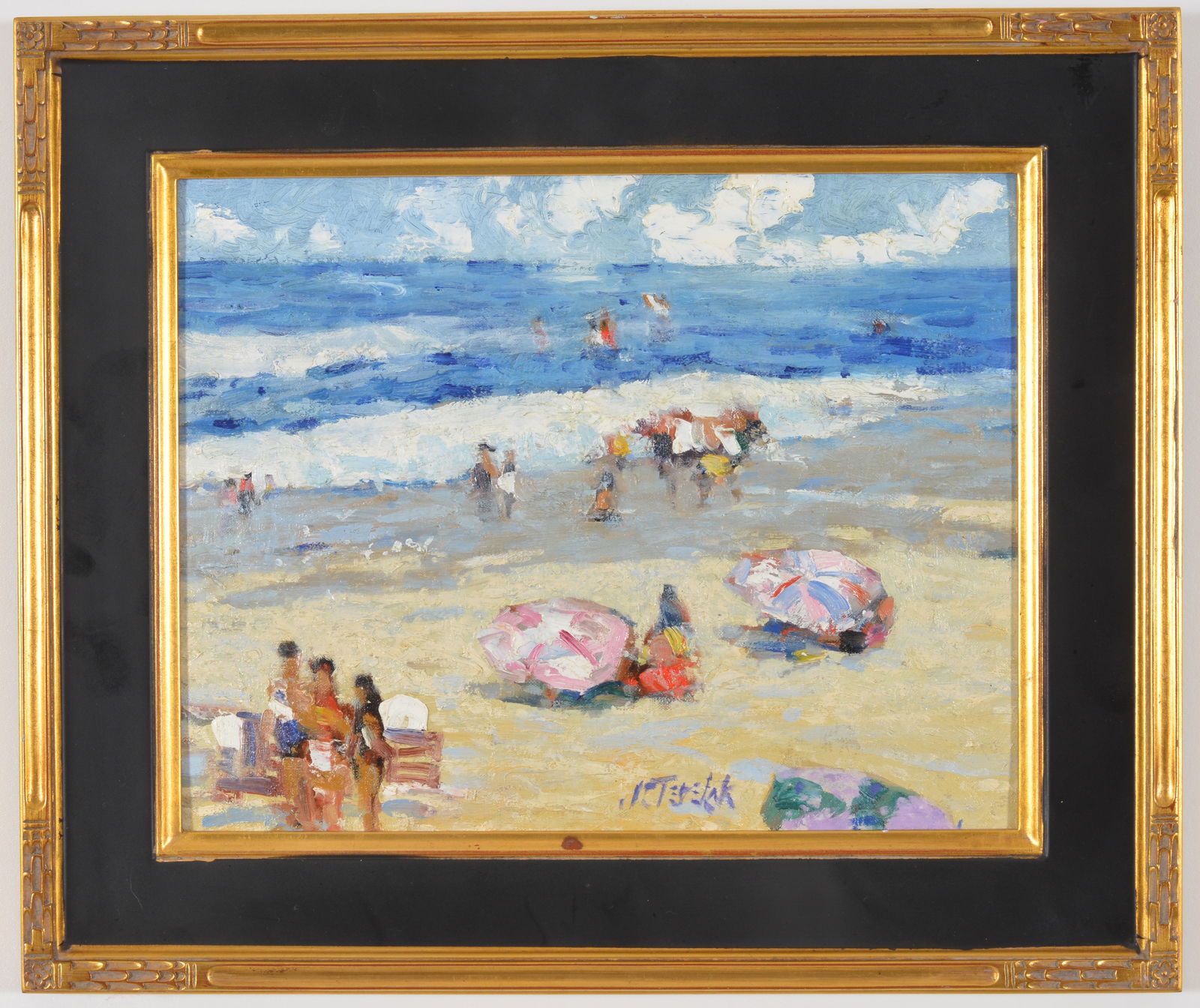 John Terelak. Beach scene with crashing waves, figures and umbrellas. Oil on canvas board. Signed (1 of 6)